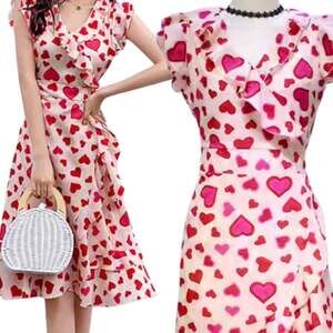 Romantic Red Heart Print Ruffle Wrap Dress - Flowy Summer Midi sz 8